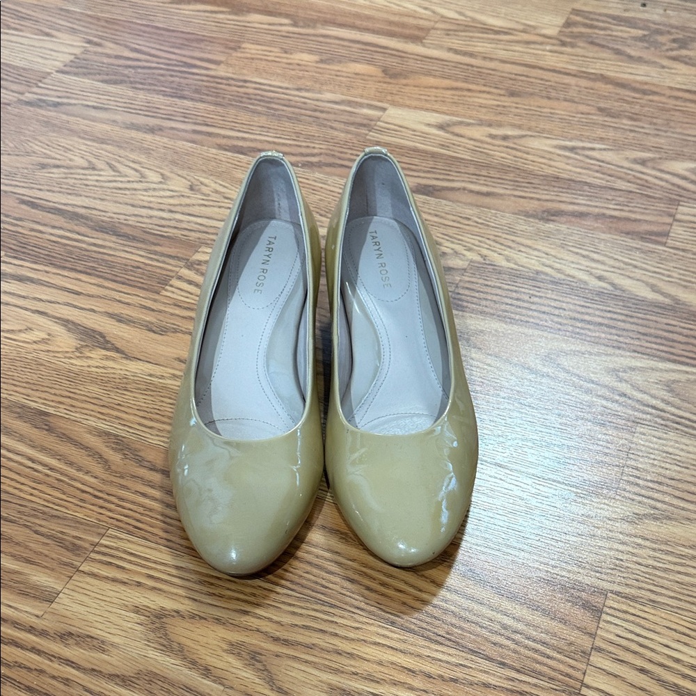 Taryn Rose Beige Patent Leather Round-Toe Slip-On Flats